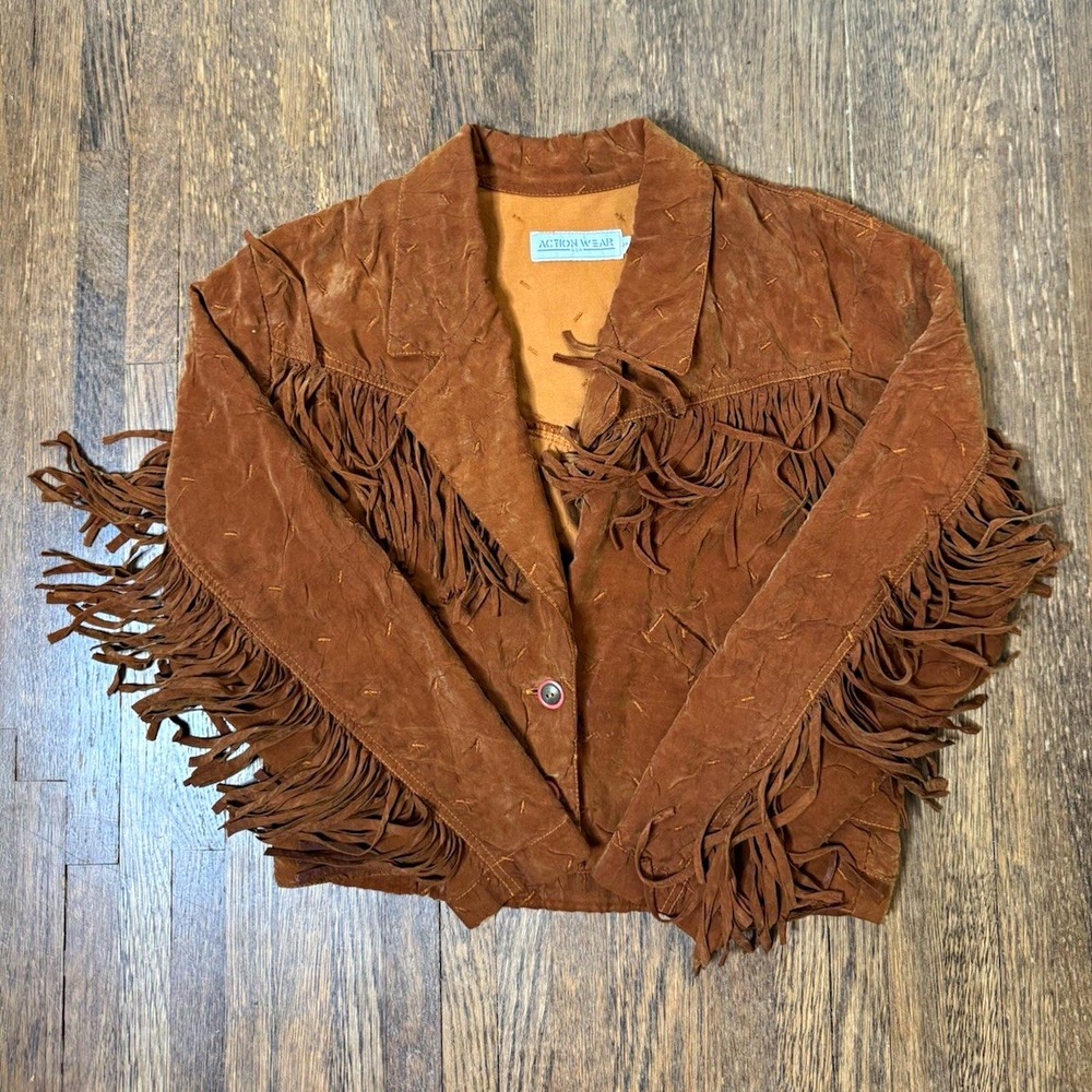 Vintage Action Wear Womens Small Brown Suede Fringe Western Jacket Cowboy Boho